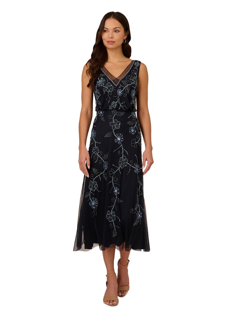 Adrianna Papell Midnight Blue Multi Beaded Floral Midi Dress NWT Size 14 Formal - Picture 7 of 15